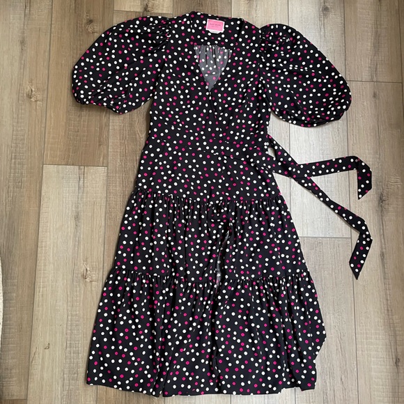 Kate Spade Glimmer Polka Dot Midi Wrap Dress Sz XS / 2 - Black Pink Flowy Preppy - Picture 10 of 13